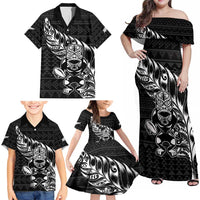 New Zealand Rugby Warrior Custom Family Matching Off Shoulder Maxi Dress and Hawaiian Shirt Black Fern Taniko Motif