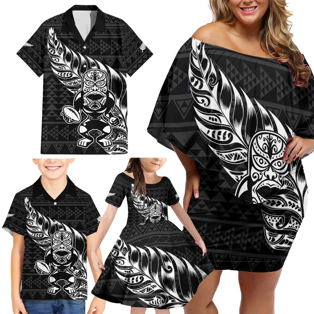 New Zealand Rugby Warrior Custom Family Matching Off Shoulder Short Dress and Hawaiian Shirt Black Fern Taniko Motif