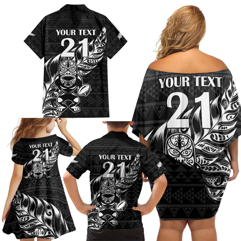 New Zealand Rugby Warrior Custom Family Matching Off Shoulder Short Dress and Hawaiian Shirt Black Fern Taniko Motif