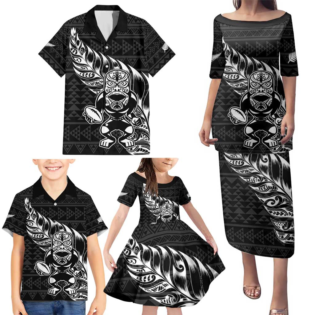 New Zealand Rugby Warrior Custom Family Matching Puletasi and Hawaiian Shirt Black Fern Taniko Motif