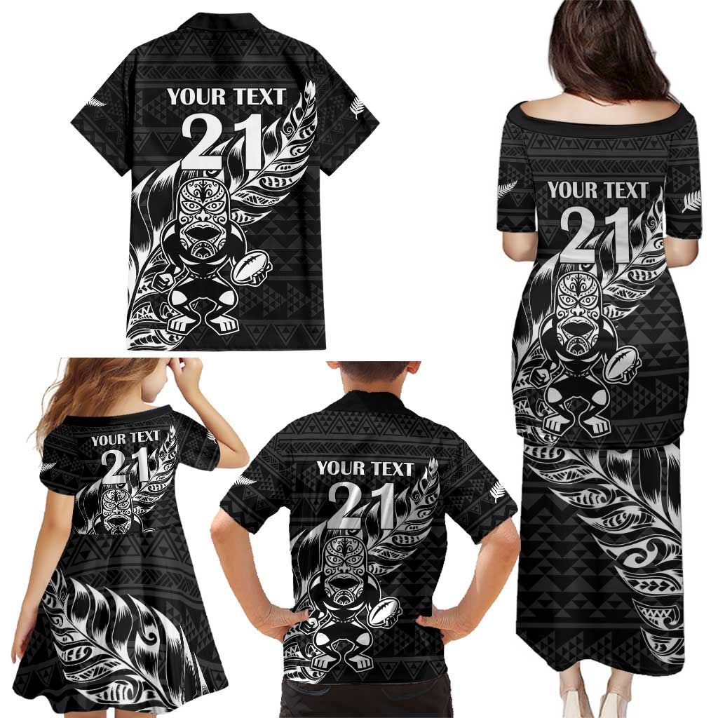 New Zealand Rugby Warrior Custom Family Matching Puletasi and Hawaiian Shirt Black Fern Taniko Motif