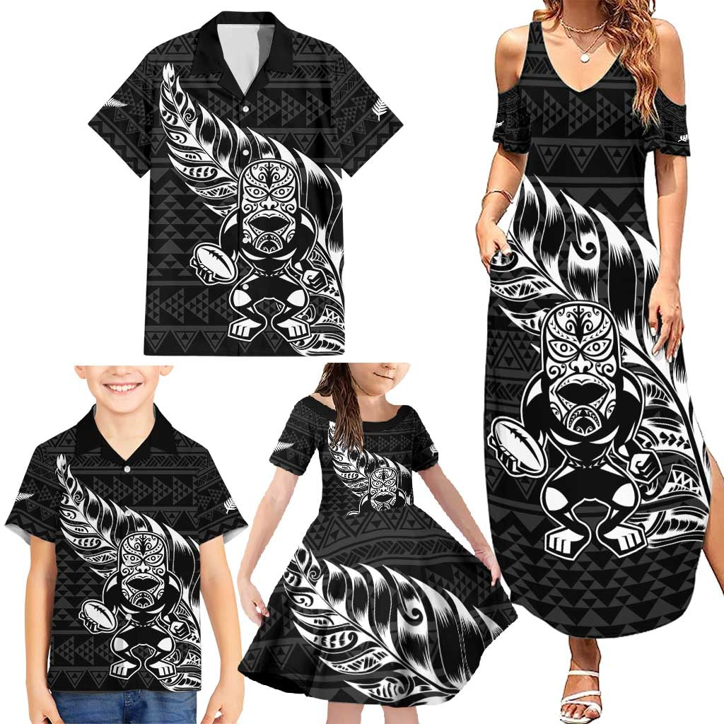 New Zealand Rugby Warrior Custom Family Matching Summer Maxi Dress and Hawaiian Shirt Black Fern Taniko Motif