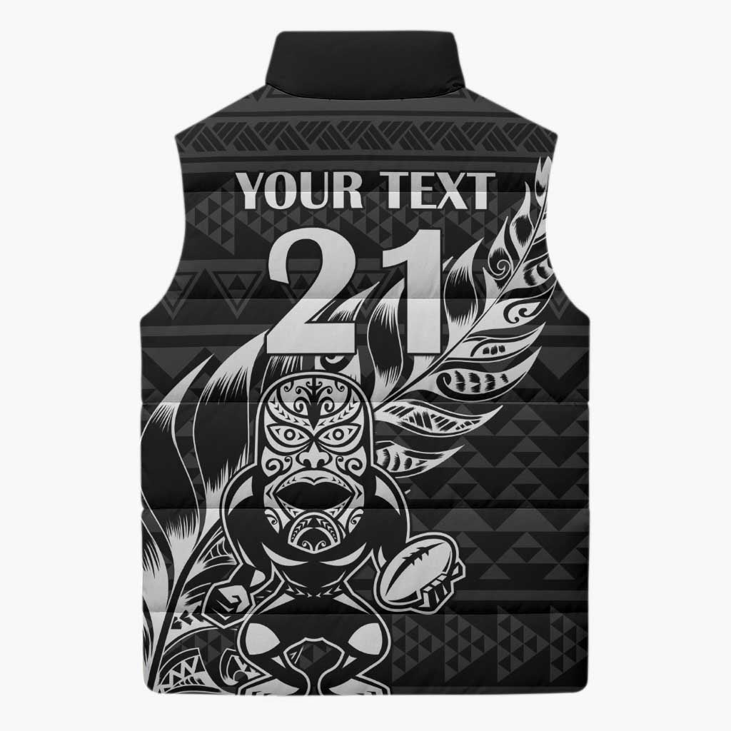 New Zealand Rugby Warrior Custom Sleeveless Puffer Jacket Black Fern Taniko Motif - Polynesian Pride
