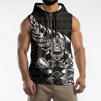 New Zealand Rugby Warrior Custom Sleeveless Zip Hoodie Black Fern Taniko Motif - Polynesian Pride