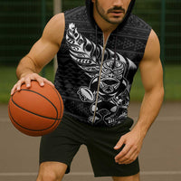New Zealand Rugby Warrior Custom Sleeveless Zip Hoodie Black Fern Taniko Motif - Polynesian Pride