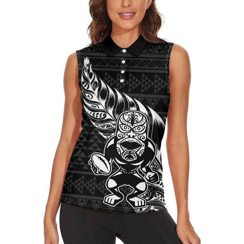 New Zealand Rugby Warrior Custom Women Sleeveless Polo Shirt Black Fern Taniko Motif