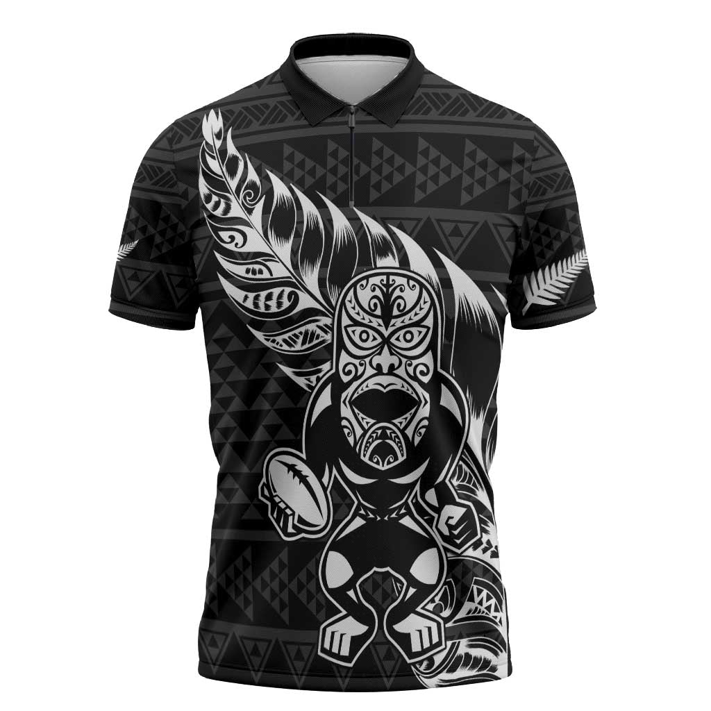 New Zealand Rugby Warrior Custom Zipper Polo Shirt Black Fern Taniko Motif - Polynesian Pride