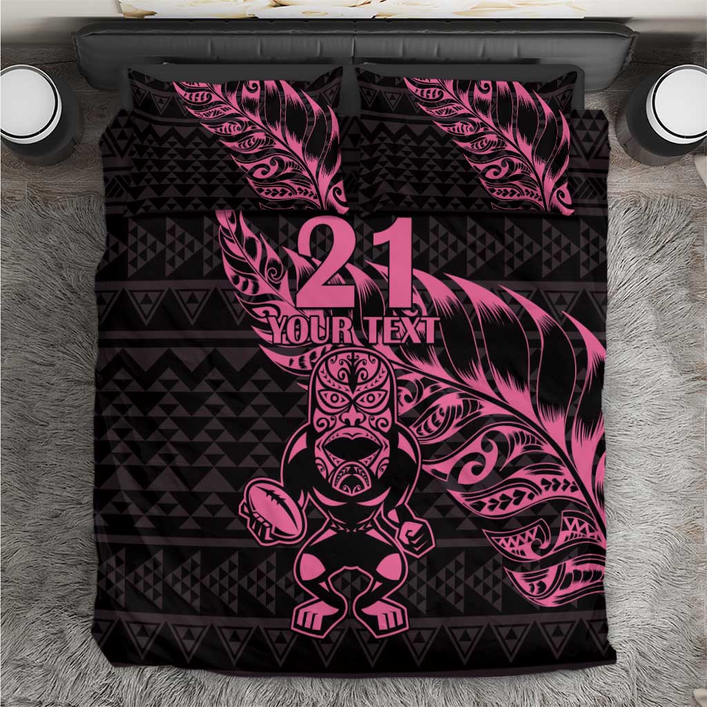 New Zealand Rugby Warrior Custom Bedding Set Pink Fern Taniko Motif