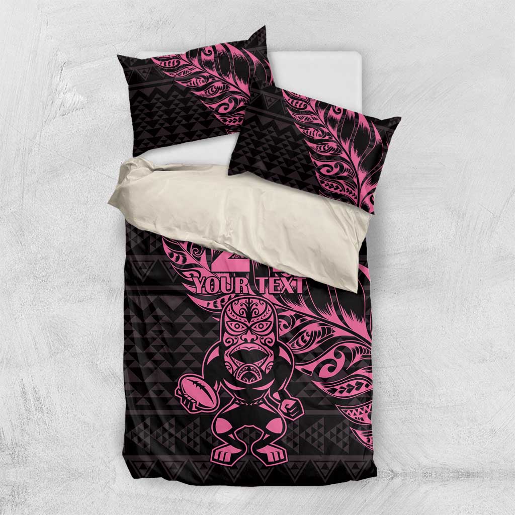 New Zealand Rugby Warrior Custom Bedding Set Pink Fern Taniko Motif