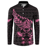 New Zealand Rugby Warrior Custom Button Sweatshirt Pink Fern Taniko Motif