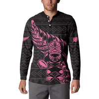 New Zealand Rugby Warrior Custom Button Sweatshirt Pink Fern Taniko Motif