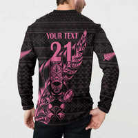 New Zealand Rugby Warrior Custom Button Sweatshirt Pink Fern Taniko Motif