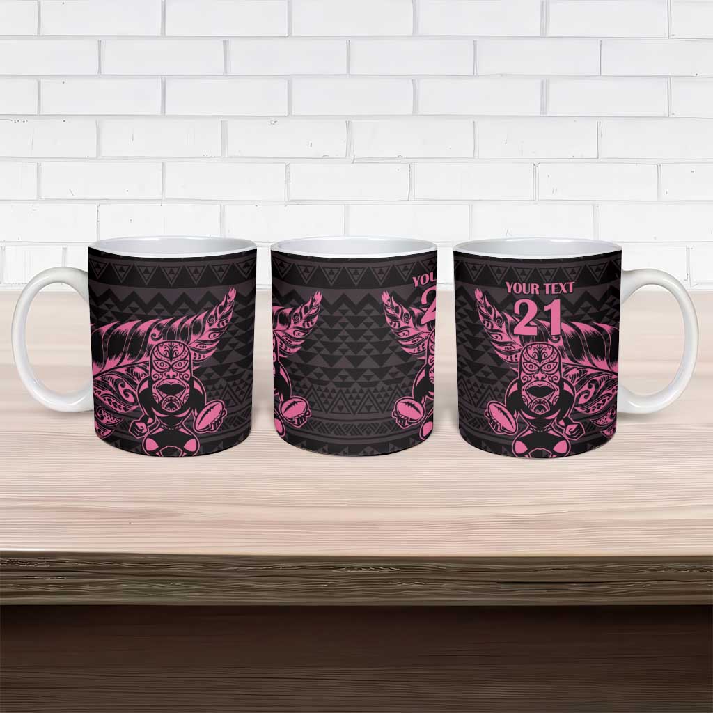 New Zealand Rugby Warrior Custom Ceramic Mug Pink Fern Taniko Motif - Polynesian Pride