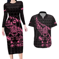 New Zealand Rugby Warrior Custom Couples Matching Long Sleeve Bodycon Dress and Hawaiian Shirt Pink Fern Taniko Motif