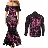 New Zealand Rugby Warrior Custom Couples Matching Mermaid Dress and Long Sleeve Button Shirt Pink Fern Taniko Motif