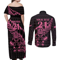 New Zealand Rugby Warrior Custom Couples Matching Off Shoulder Maxi Dress and Long Sleeve Button Shirt Pink Fern Taniko Motif