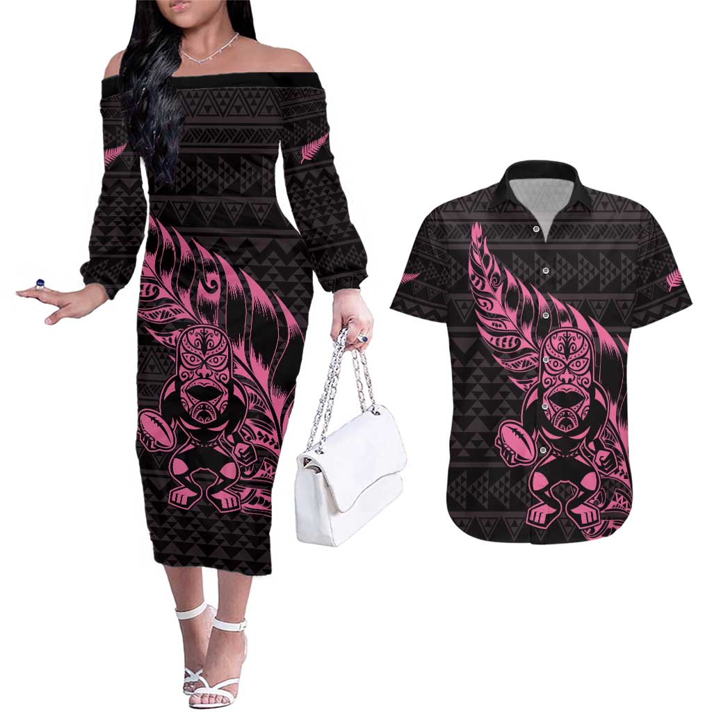 New Zealand Rugby Warrior Custom Couples Matching Off The Shoulder Long Sleeve Dress and Hawaiian Shirt Pink Fern Taniko Motif