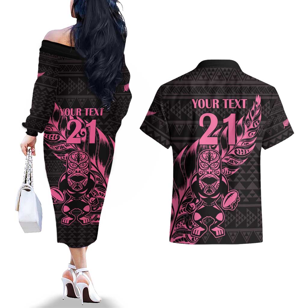 New Zealand Rugby Warrior Custom Couples Matching Off The Shoulder Long Sleeve Dress and Hawaiian Shirt Pink Fern Taniko Motif