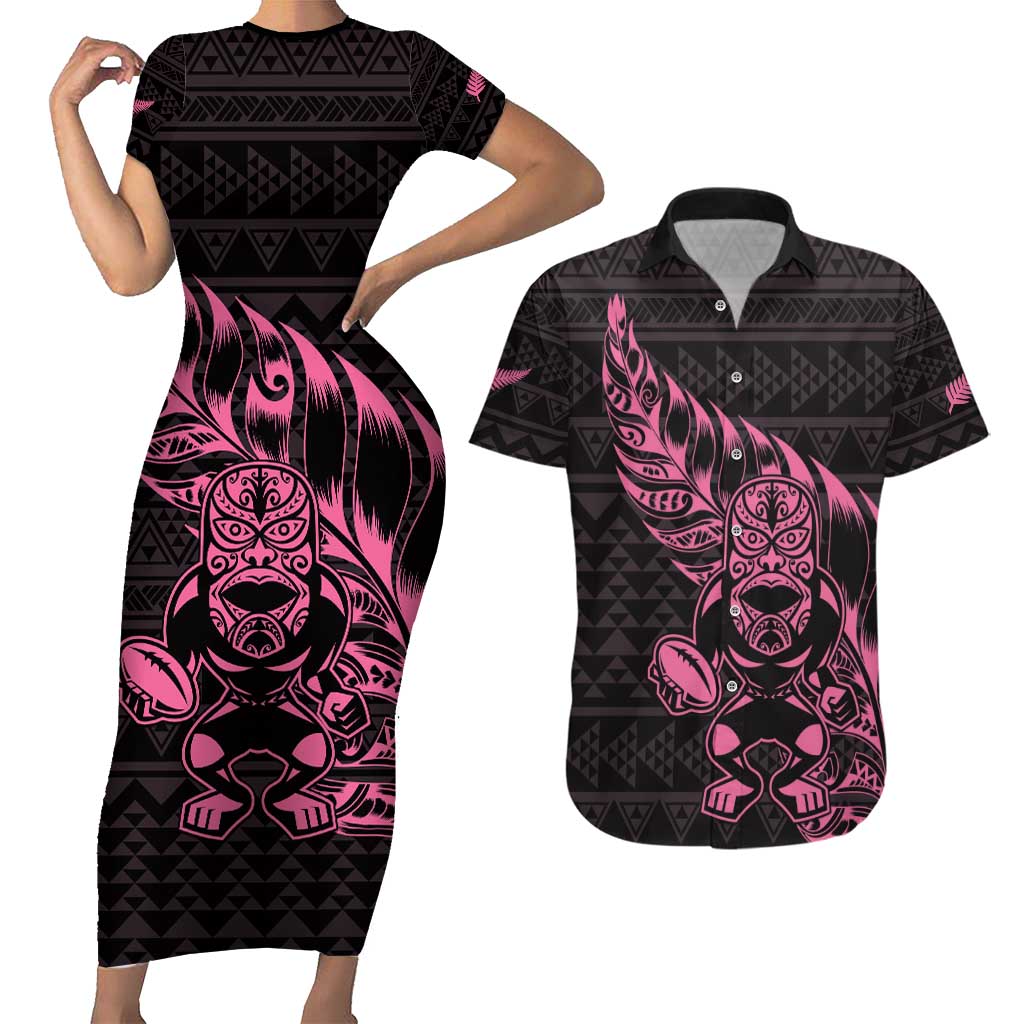 New Zealand Rugby Warrior Custom Couples Matching Short Sleeve Bodycon Dress and Hawaiian Shirt Pink Fern Taniko Motif