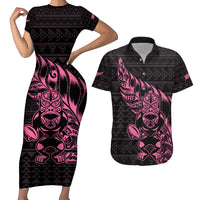 New Zealand Rugby Warrior Custom Couples Matching Short Sleeve Bodycon Dress and Hawaiian Shirt Pink Fern Taniko Motif