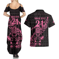 New Zealand Rugby Warrior Custom Couples Matching Summer Maxi Dress and Hawaiian Shirt Pink Fern Taniko Motif