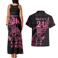 New Zealand Rugby Warrior Custom Couples Matching Tank Maxi Dress and Hawaiian Shirt Pink Fern Taniko Motif