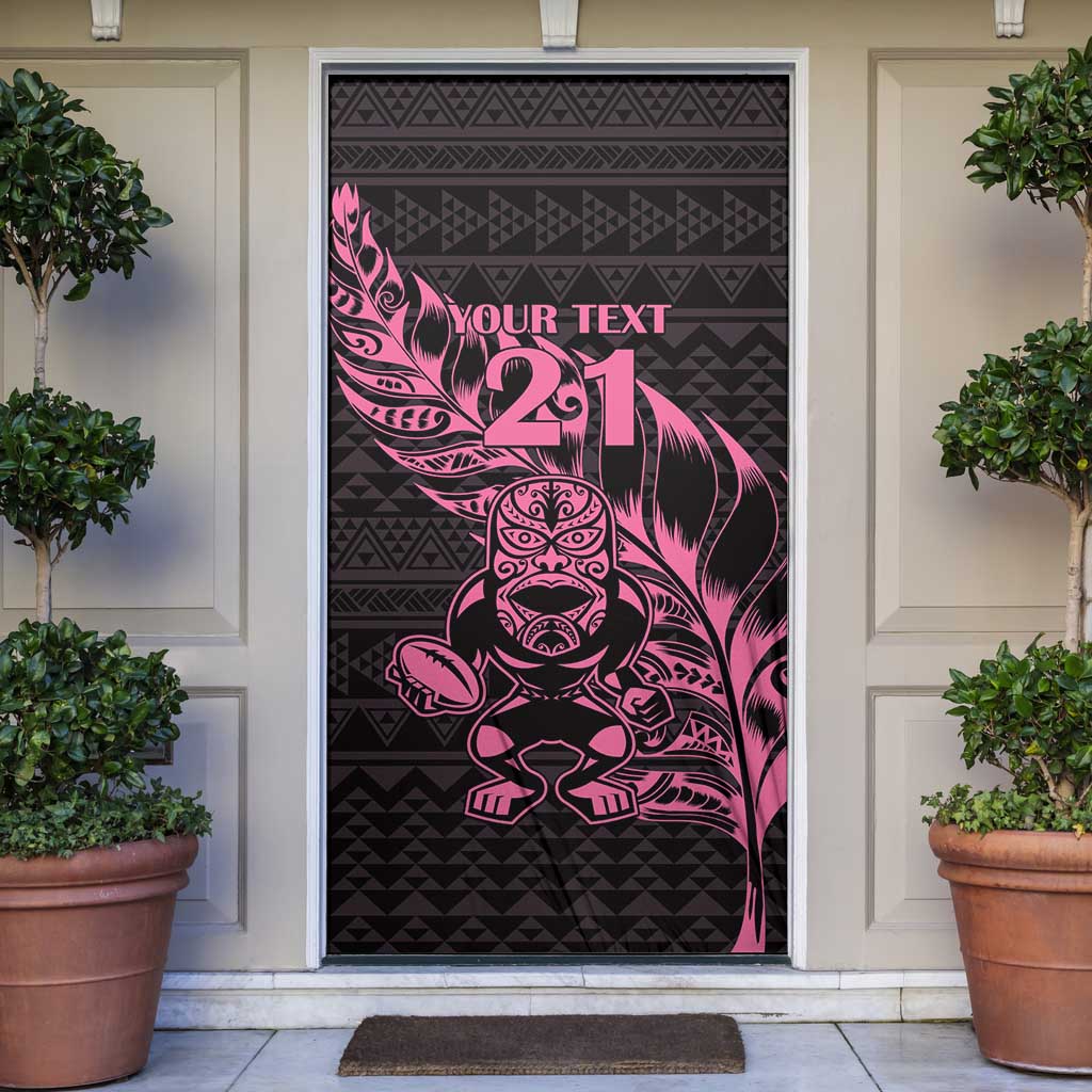 New Zealand Rugby Warrior Custom Door Cover Pink Fern Taniko Motif - Polynesian Pride