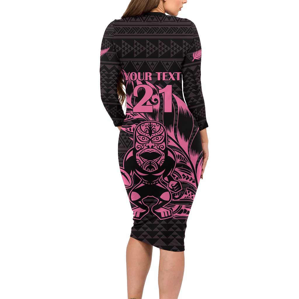 New Zealand Rugby Warrior Custom Family Matching Long Sleeve Bodycon Dress and Hawaiian Shirt Pink Fern Taniko Motif
