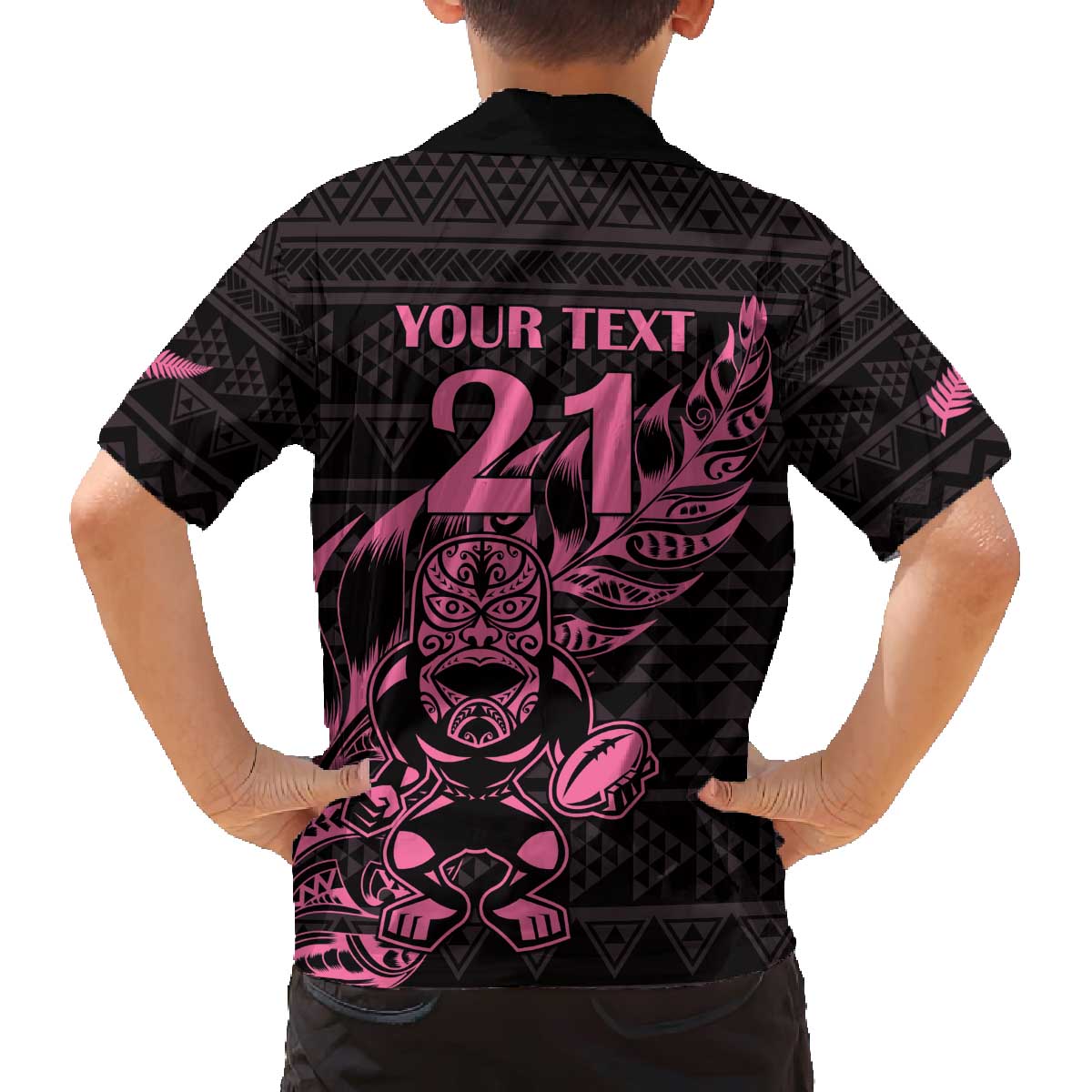 New Zealand Rugby Warrior Custom Family Matching Off The Shoulder Long Sleeve Dress and Hawaiian Shirt Pink Fern Taniko Motif