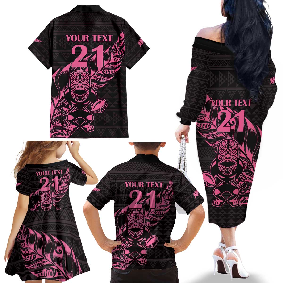 New Zealand Rugby Warrior Custom Family Matching Off The Shoulder Long Sleeve Dress and Hawaiian Shirt Pink Fern Taniko Motif