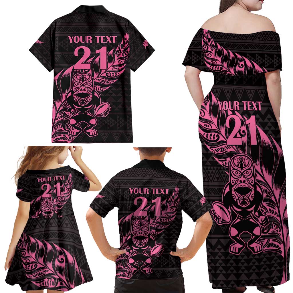 New Zealand Rugby Warrior Custom Family Matching Off Shoulder Maxi Dress and Hawaiian Shirt Pink Fern Taniko Motif