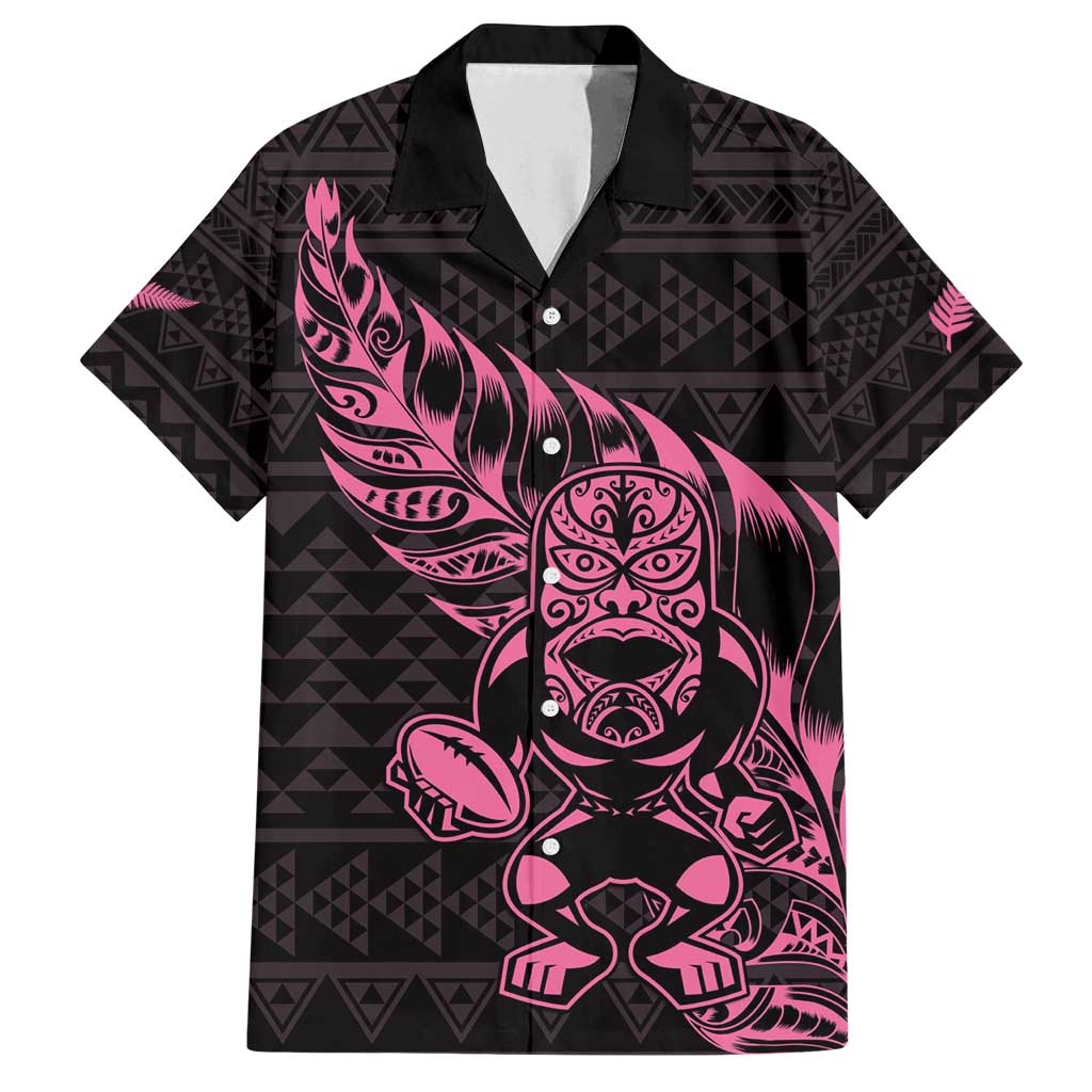 New Zealand Rugby Warrior Custom Family Matching Off Shoulder Maxi Dress and Hawaiian Shirt Pink Fern Taniko Motif
