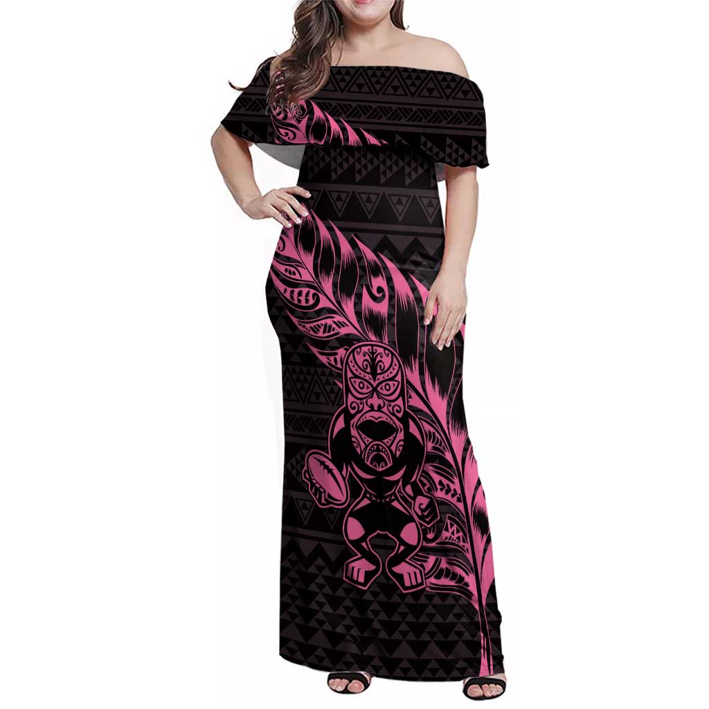 New Zealand Rugby Warrior Custom Family Matching Off Shoulder Maxi Dress and Hawaiian Shirt Pink Fern Taniko Motif