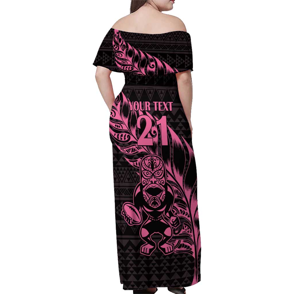 New Zealand Rugby Warrior Custom Family Matching Off Shoulder Maxi Dress and Hawaiian Shirt Pink Fern Taniko Motif