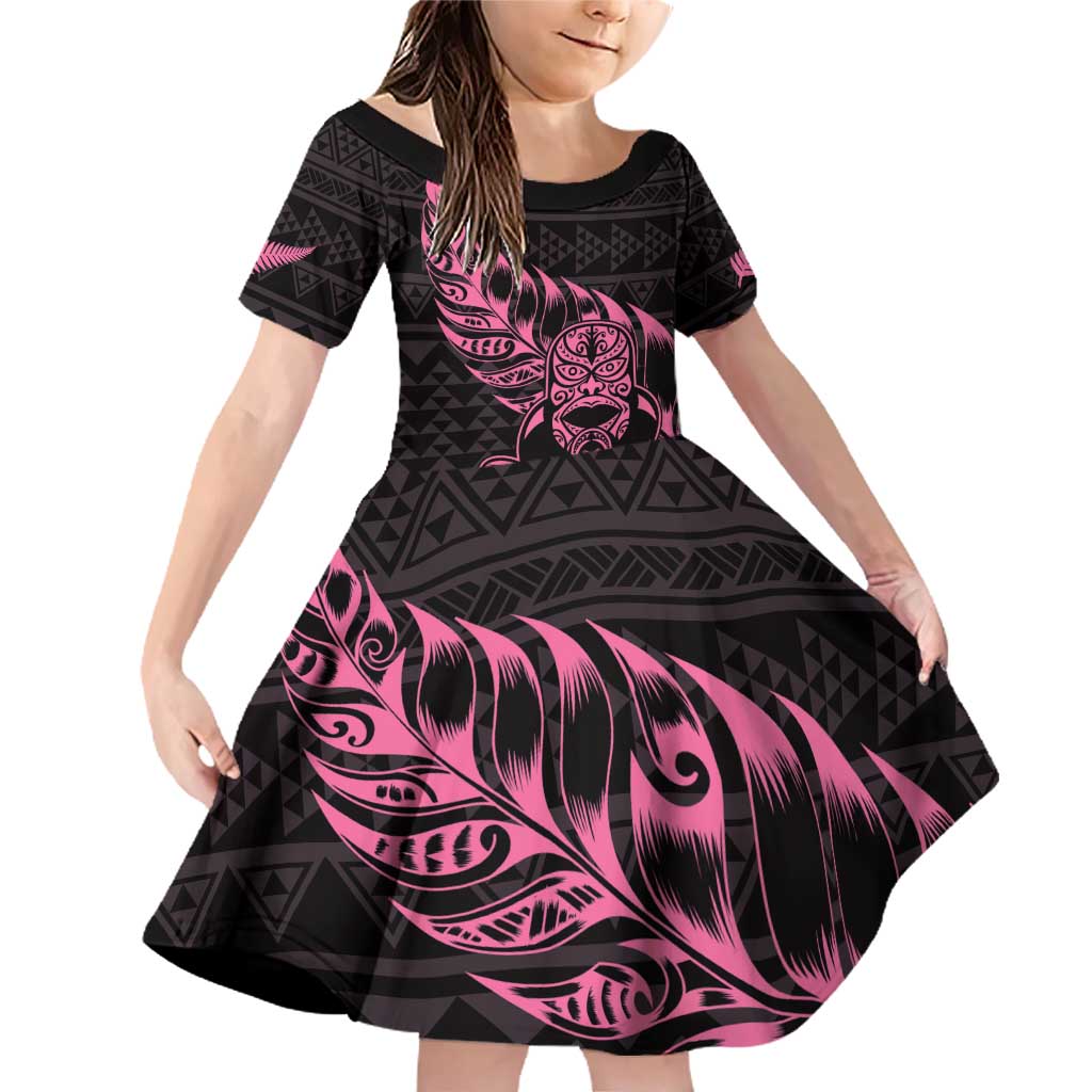 New Zealand Rugby Warrior Custom Family Matching Off Shoulder Short Dress and Hawaiian Shirt Pink Fern Taniko Motif