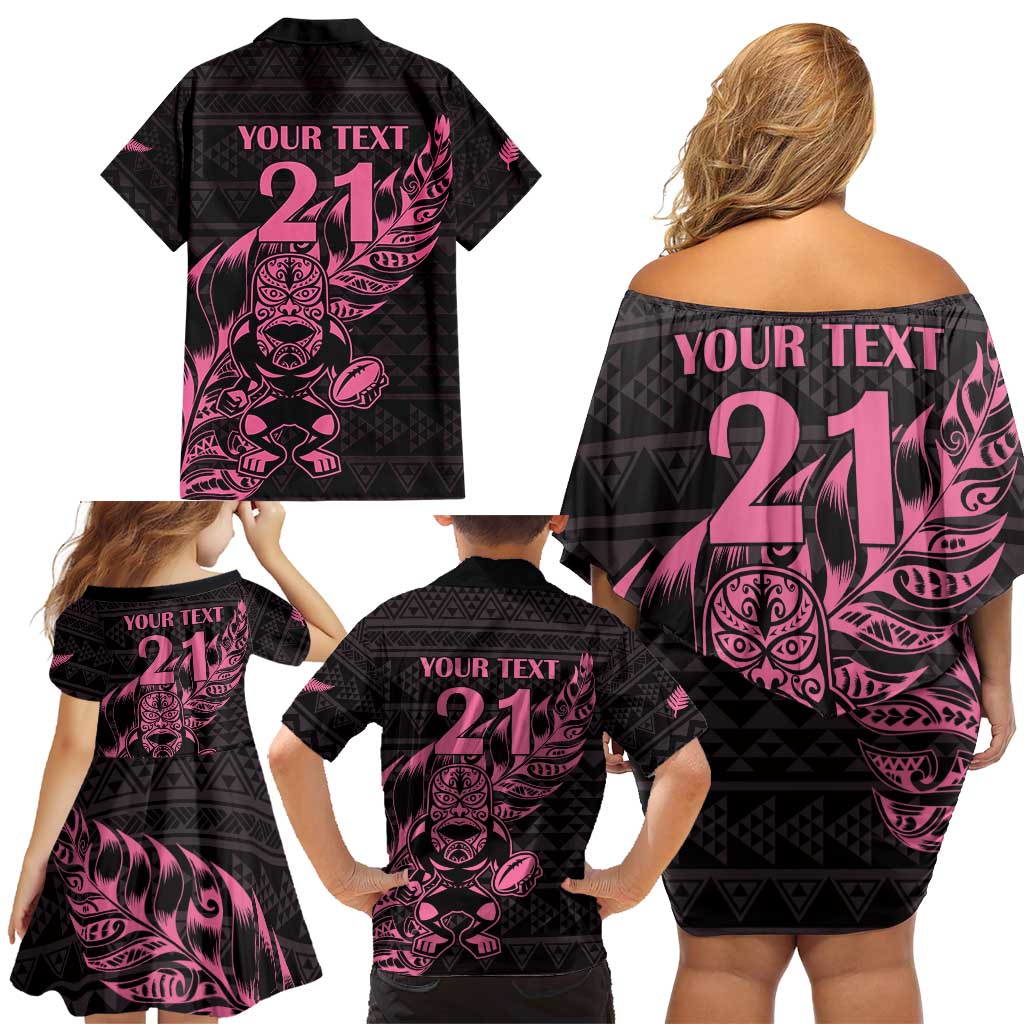 New Zealand Rugby Warrior Custom Family Matching Off Shoulder Short Dress and Hawaiian Shirt Pink Fern Taniko Motif