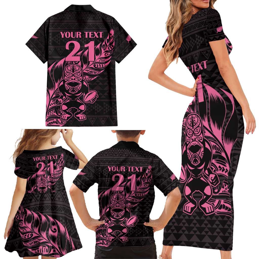 New Zealand Rugby Warrior Custom Family Matching Short Sleeve Bodycon Dress and Hawaiian Shirt Pink Fern Taniko Motif