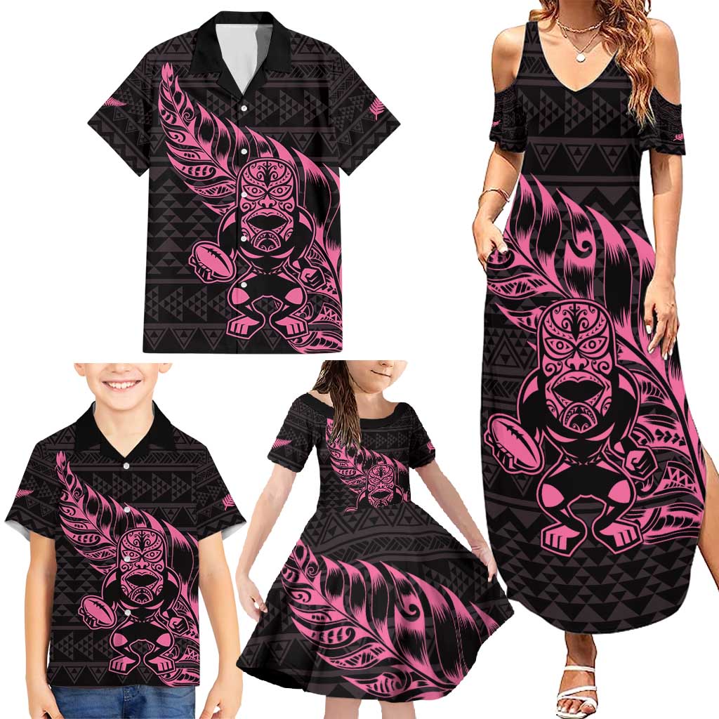 New Zealand Rugby Warrior Custom Family Matching Summer Maxi Dress and Hawaiian Shirt Pink Fern Taniko Motif