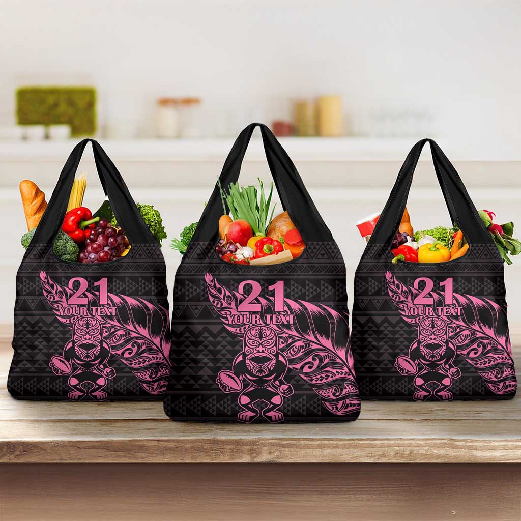 New Zealand Rugby Warrior Custom Grocery Bag Pink Fern Taniko Motif LT9 3-pack One Size Pink - Polynesian Pride