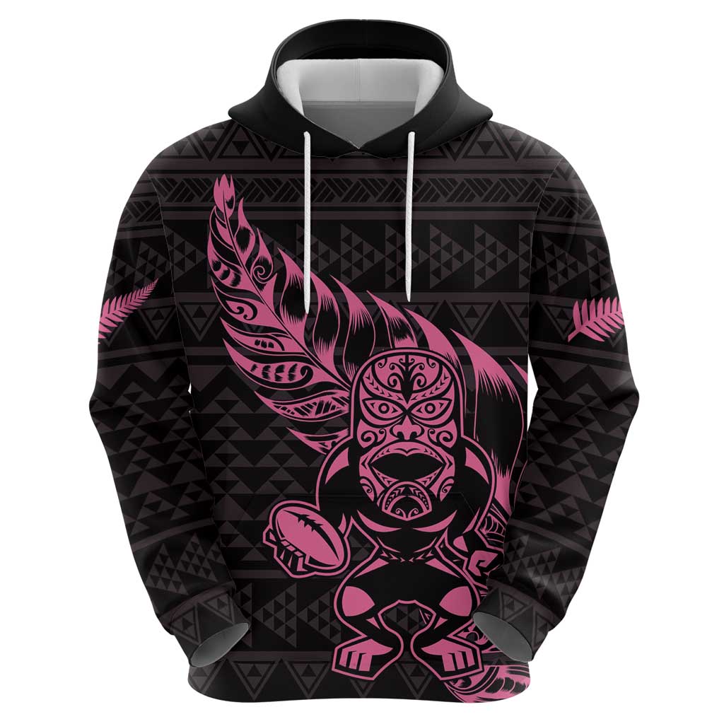 New Zealand Rugby Warrior Custom Hoodie Pink Fern Taniko Motif
