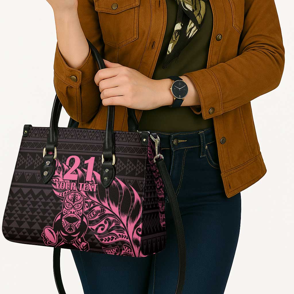 New Zealand Rugby Warrior Custom Leather Bag Pink Fern Taniko Motif - Polynesian Pride