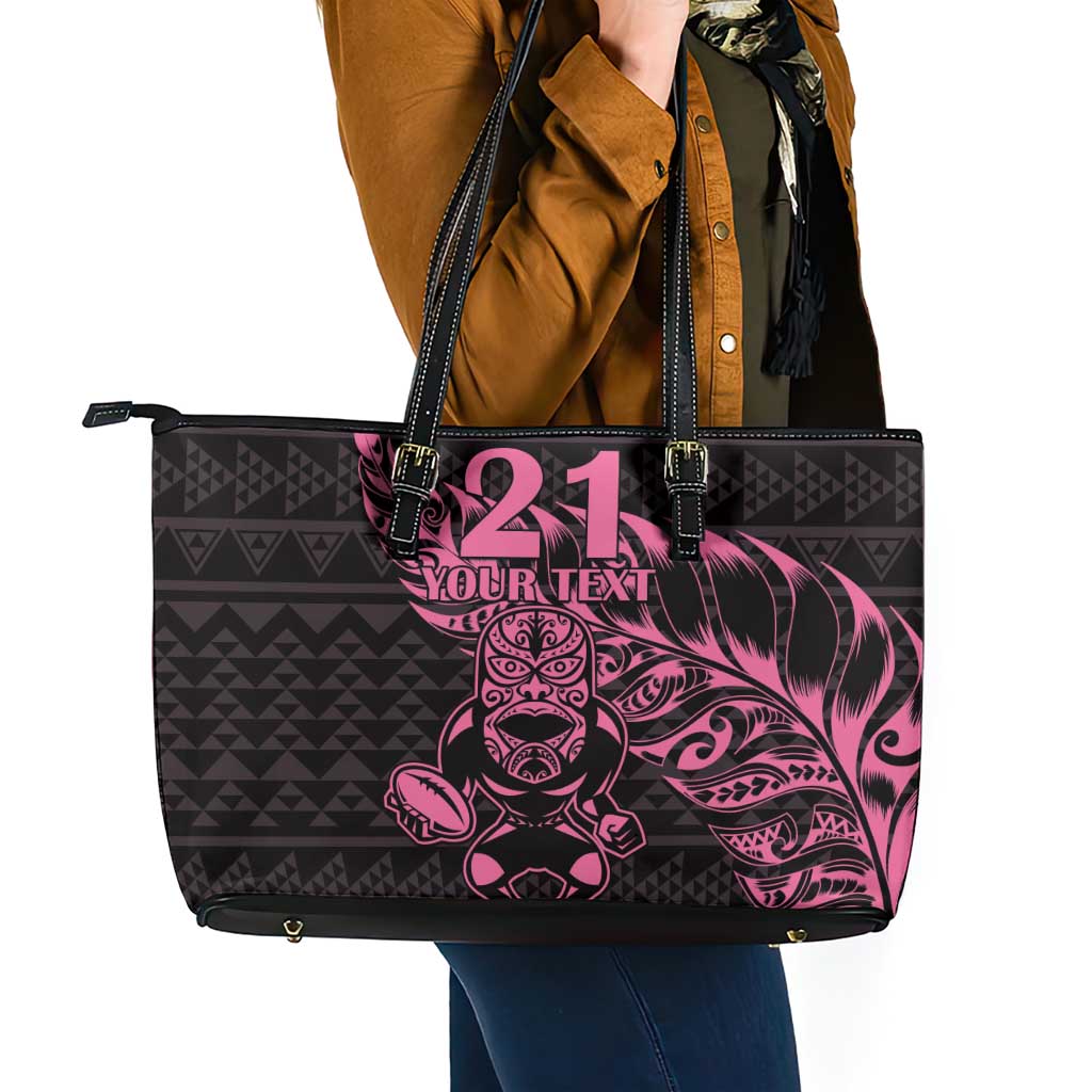New Zealand Rugby Warrior Custom Leather Tote Bag Pink Fern Taniko Motif