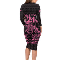 New Zealand Rugby Warrior Custom Long Sleeve Bodycon Dress Pink Fern Taniko Motif