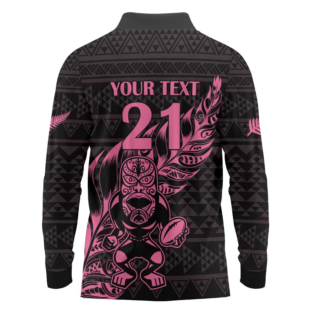 New Zealand Rugby Warrior Custom Long Sleeve Polo Shirt Pink Fern Taniko Motif