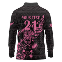 New Zealand Rugby Warrior Custom Long Sleeve Polo Shirt Pink Fern Taniko Motif