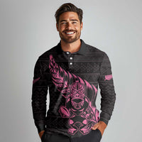 New Zealand Rugby Warrior Custom Long Sleeve Polo Shirt Pink Fern Taniko Motif