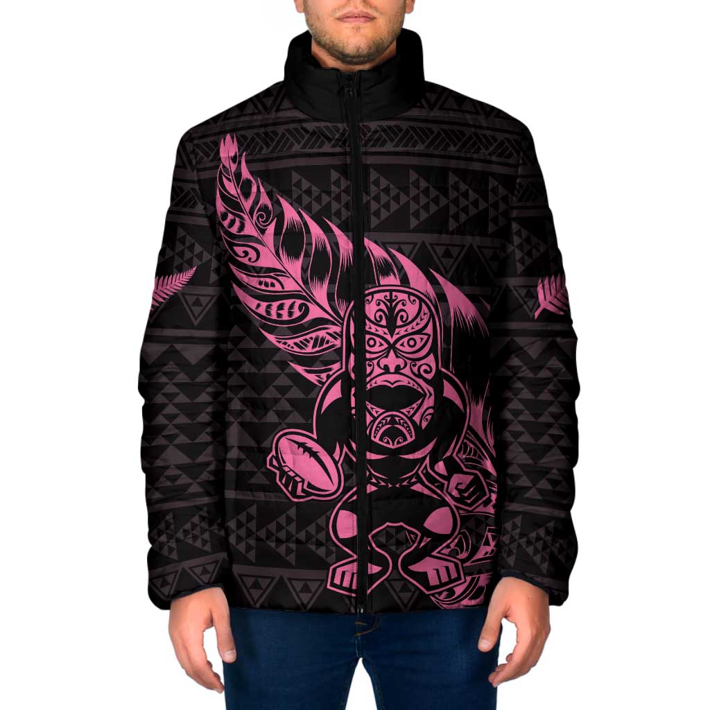 New Zealand Rugby Warrior Custom Padded Jacket Pink Fern Taniko Motif - Polynesian Pride