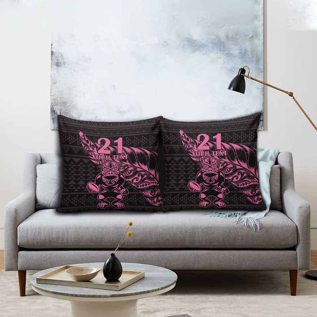 New Zealand Rugby Warrior Custom Pillow Cover Pink Fern Taniko Motif - Polynesian Pride