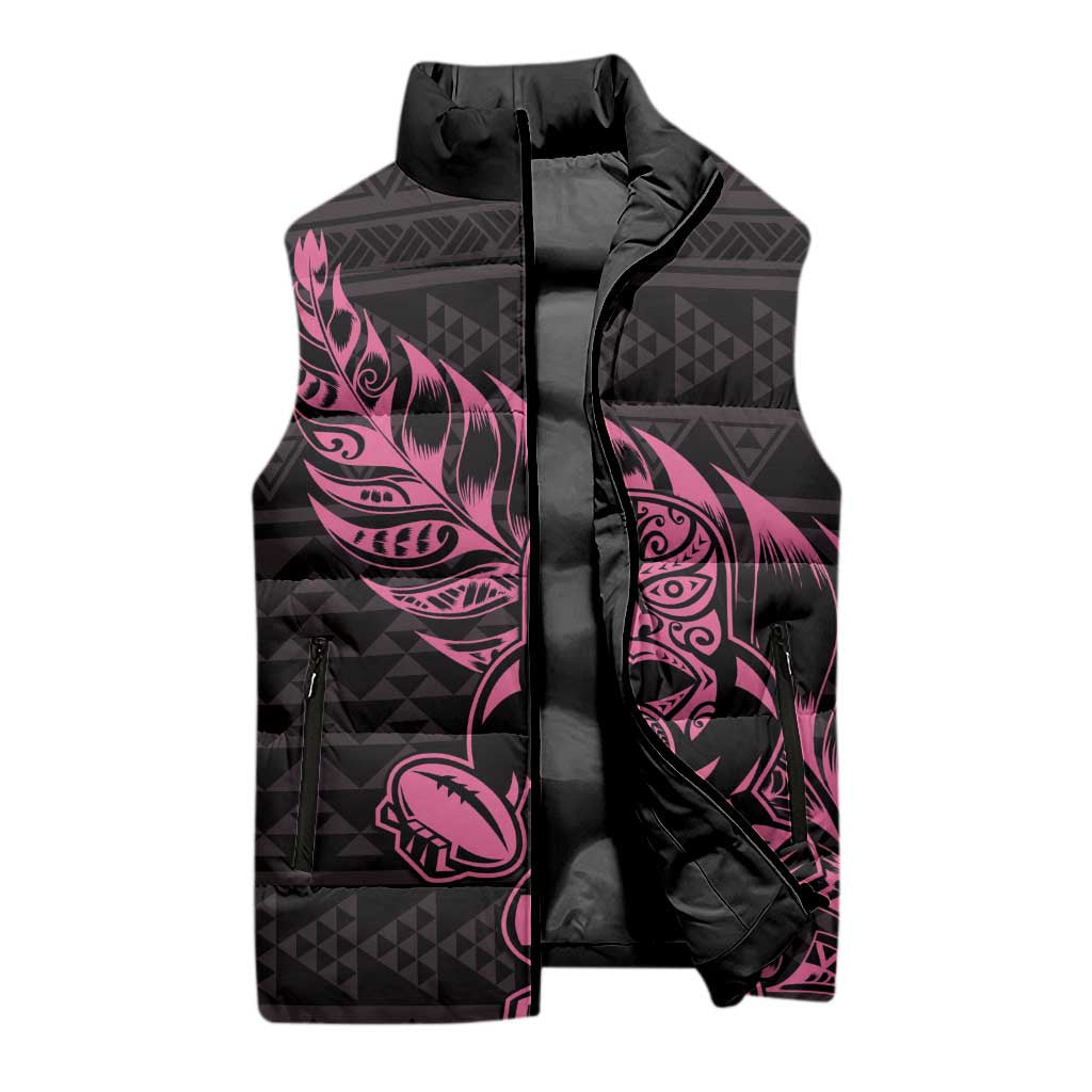 New Zealand Rugby Warrior Custom Sleeveless Puffer Jacket Pink Fern Taniko Motif - Polynesian Pride