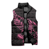 New Zealand Rugby Warrior Custom Sleeveless Puffer Jacket Pink Fern Taniko Motif - Polynesian Pride